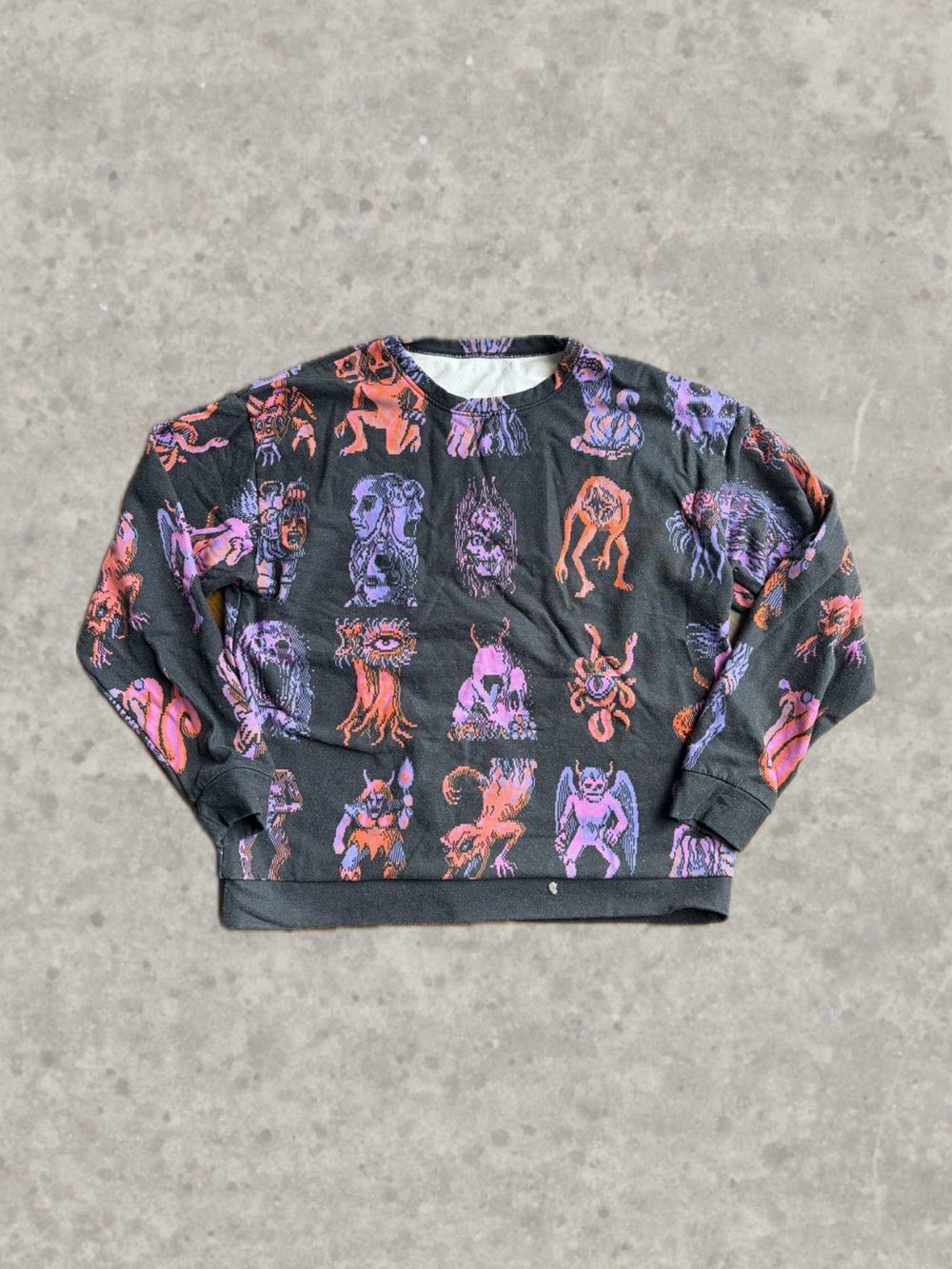 Graphic Crewneck Sweater with Red & Purple Monster Motif